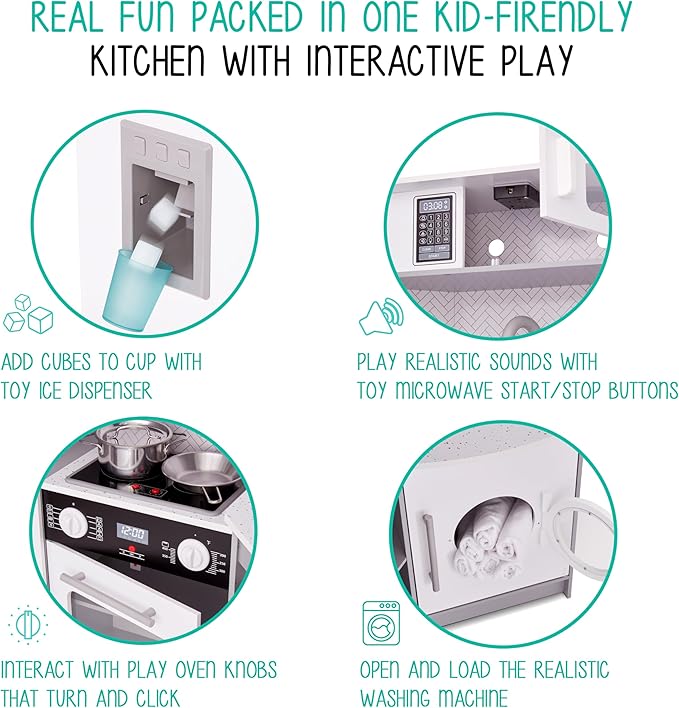 Lil' Jumbl Kids Corner Kitchen Set, Pretend Wooden Deluxe Play Kitchen, Battery Operated Icemaker, Stovetop & Faucet with Realistic Sound - Grey