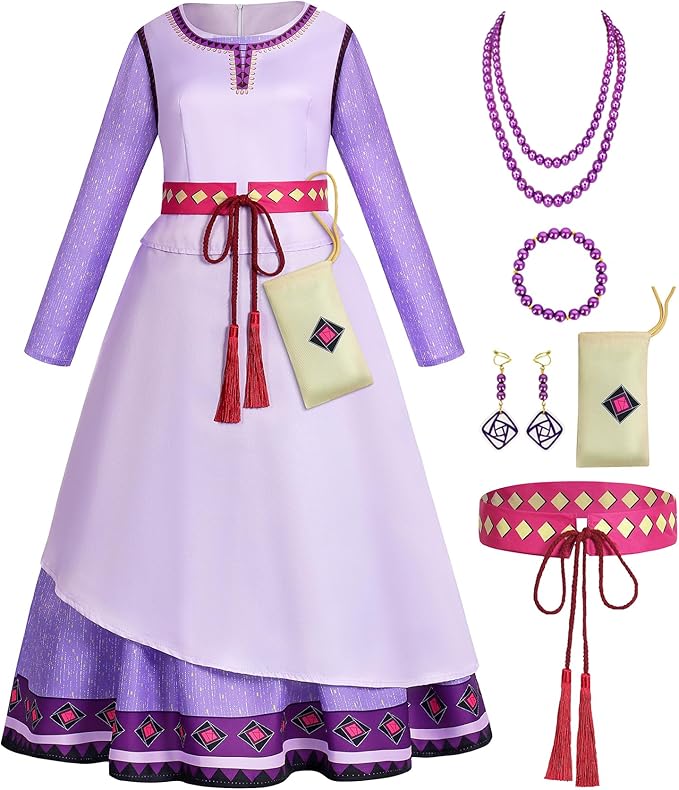 Wish Princess Asha Costume Girls Kids Movie Cosplay Outfit Purple Dress with Accessories Christmas Birthday Party