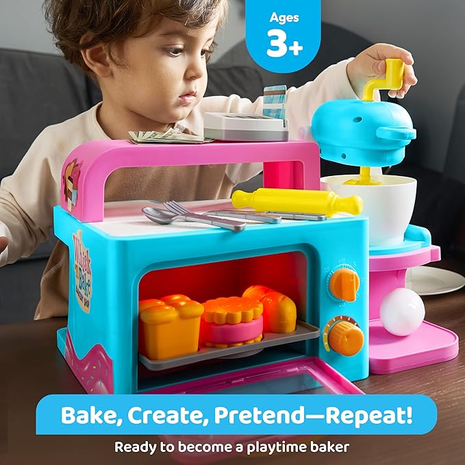 Toddler Pretend Play Toys, Bakery Shop with Light & Sound Oven, Realistic Mixer, Color Changing Bread, 20 Pieces Play Kitchen Accessories, Birthday Gift for Boys Girls Kids