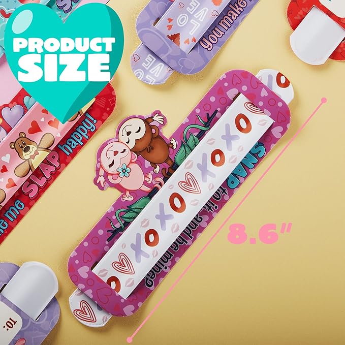 JOYIN 28 Valentine's Day Gifts Cards with Slap Bracelet, Animal Heart Snap Bracelet Wristband for Kids,Valentine's Party Favors, Valentine Classroom Exchange, Game Prizes