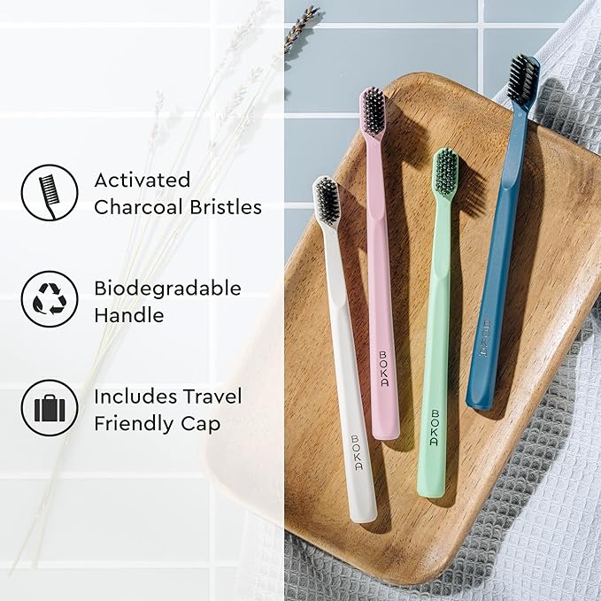 Boka Classic Manual Toothbrush with Extra Soft Activated-Charcoal, Tapered Bristles, Bioplastic Handle That Includes Travel Cap, Dentist-Approved, Great for Adults and Kids, Pink (Pack of 1)