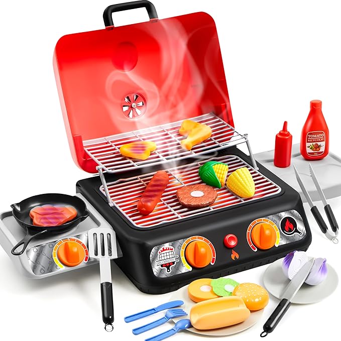 Kids BBQ Grill Playset, Kitchen Toy Set with Pretend Smoke, Light, Sound & Color-Changing Food, Play Kitchen Accessories, Indoor Outdoor Cooking Toy for Boys Girls Kids
