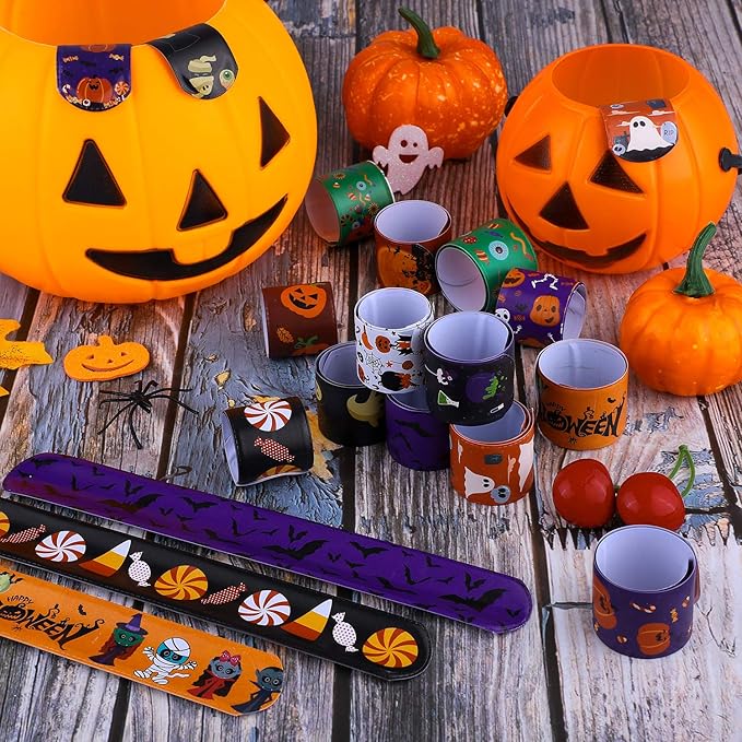 Elcoho 48 Pieces Halloween Slap Bracelets Toys Assorted Halloween Designs Snap Bracelets Wristbands for Craft Halloween Party Favors Exchanging Gifts