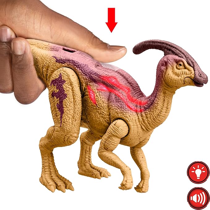Mattel Jurassic World Wild Roar Dinosaur Action Figure, Parasaurolophus with Glowing Spine Reveal Lights & Sound, Posable Toy with Digital Play