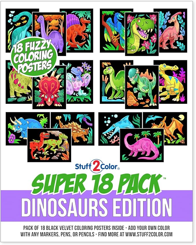 Super Pack of 18 Fuzzy Velvet Coloring Posters (Dinosaurs Edition) - Arts & Crafts for Boys and Girls - Great for After School, Travel, Quiet Time, Group Activities, and Coloring with Friends