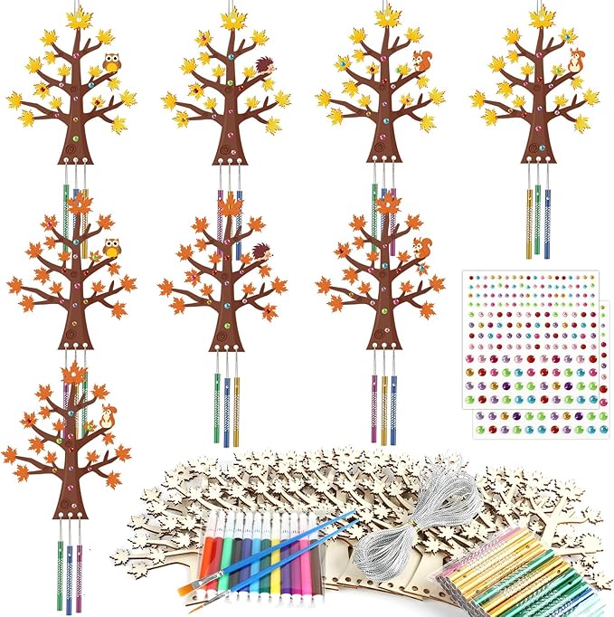 gisgfim 16 Pack Thanksgiving Fall Wind Chime Crafts Kits for Kids Make Your Own Maple Tree Wind Chime Wooden DIY Arts and Crafts for Autumn Party School Classroom Decorations Supplies Birthday Favors