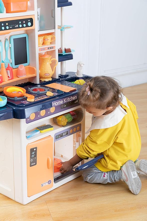 JOYIN 65PCS Kids Kitchen Playset (Easy Assembly), Play Kitchen with Realistic Lights & Sounds, Simulation of Spray, Play Sink with Running Water, Dessert Shelf Toy & Kitchen Accessories Set