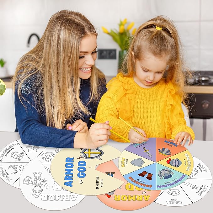 COcnny 24 Sets Armor Of God Color Wheel Craft, Color Your Own Knight Art for Kids, Religious Bible Coloring DIY Crafts Art Cards Game for Sunday School Christian Classroom Home Activities VBS Supplies