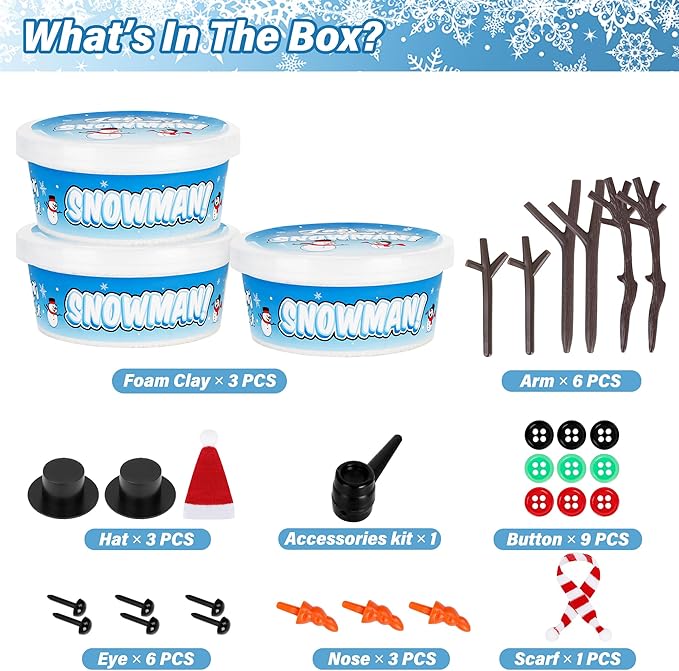 Christmas Craft Snowman Kit, 3 Pack DIY Snowman Craft Kit for Kids, Build a Snowman Indoor Decor, Creative Kids Air Dry Modeling Clay, Xmas Activities Snowman Making Kit for Kids Toys Favors