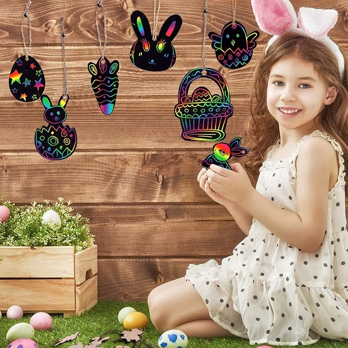 JOYIN 72 Pcs Easter Scratch Paper Set (12 Designs) Rainbow Scratch Art Easter Crafts Kit for Kids with Wooden Stick and Ribbon, Rainbow Color Scratch Ornaments for Home Tree Decor, Party Favors