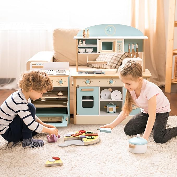 ROBUD Kids Corner Kitchen Playset, Wooden Play Kitchen Set with Realistic Sound, Ice Maker, Fridge, Oven, Washing Machine, Pretend Play Toy Kitchen Set, Gift for Boys Girls, Blue