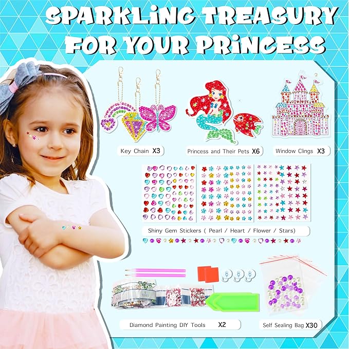 sinceroduct Diamond Art Kits for Kids with 6 Princess and Animals Stickers, 3 Gem Art Keychains and Suncatchers, Make Your Own Arts & Crafts, Christmas and Birthday Gifts for Girls Aged 4-8+