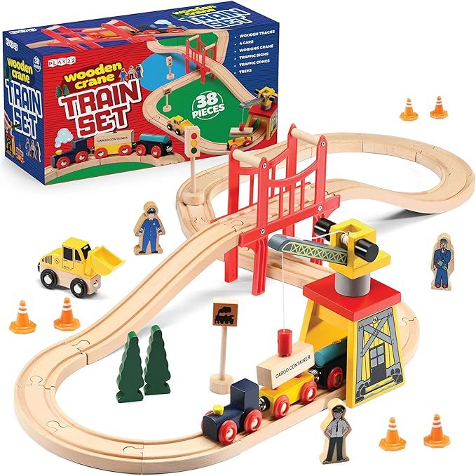Play22 Wooden Train Set Toddler Toys - 38 Pieces Wood Train Track Set for Toddlers 3-4 Years with Crane, Bridge & Accessories