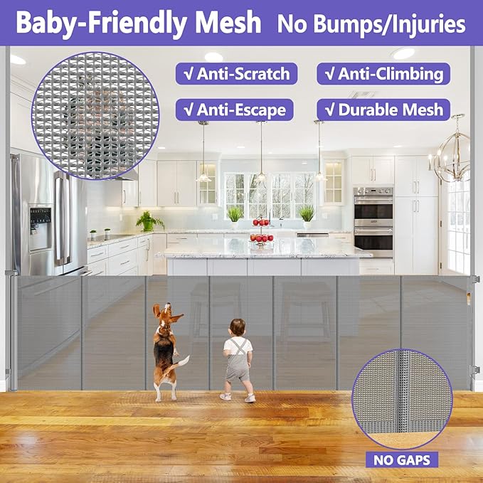 Reinforced 42" Extra Tall x 96" Wide Retractable Pet Gate with Support Rods-Prevent Crawling Under, Extra Tall Baby Gate Long Dog Gate Indoor/Outdoor Retractable Gate Tall Dog Gates for Doorways, Gray