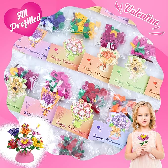 Valentines Day Gifts for Kids - 24 Pack Prepacked Valentine's Day Cards with Flower Building Blocks Crafts for School Classroom Class Party Favor, Valentines Craft Exchange for Boys Girls Teens
