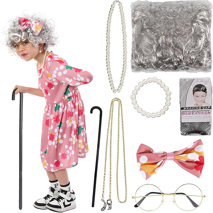 Old Lady Costume for Kids Girls, 9Pcs 100th Days of School Grandma Outfits with Wig Cane, Granny Cosplay Dress Up