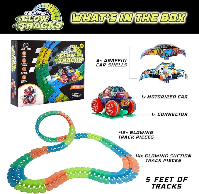 USA Toyz Zero-G Glow Race Track for Kids- 60pcs Glow in The Dark Flexible Race Track Set with Suction Cups, Slot Car, 2 Graffiti Toy Cars Shells, STEM Toy LED Car Tracks for Boys and Girls Age 3+