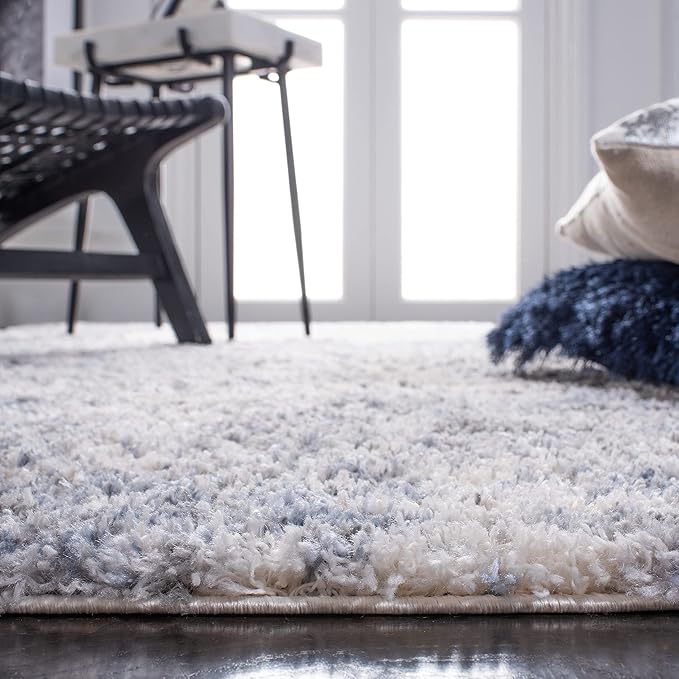 SAFAVIEH Berber Shag Collection Runner Rug - 2' x 10', Ivory & Blue, Modern Abstract Design, Non-Shedding & Easy Care, 1.2-inch Thick Ideal for High Traffic Areas in Living Room, Bedroom (BER274B)