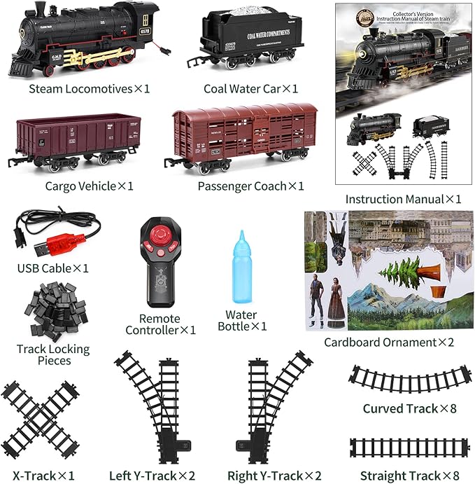 Train Set with Remote Control,Electric Train Track Around Christmas Tree W/Cargo Vehicle,Light & Sounds,Alloy Steam Locomotive Engine Train Toy Gift for Boys Girls 4 5 6 7 8 9 10