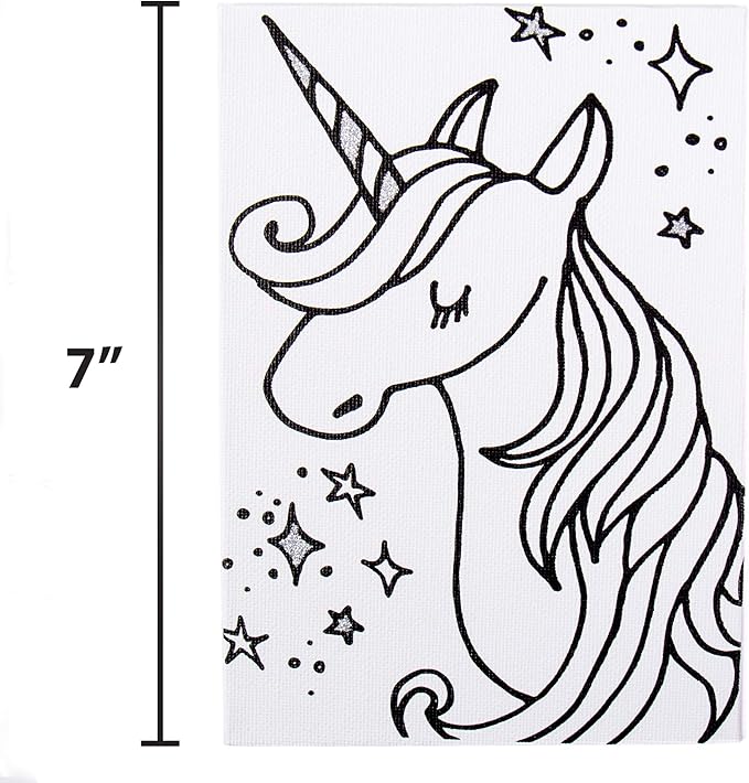 Horizon Group USA Pre-Printed Canvas & Paint Art Set. Ready to Paint 5" x 7" Canvas Panels, 12 Tempera Paints, 6 Easy-Grip Assorted Paintbrushes Included. Panda, Fox & Glitter Unicorn