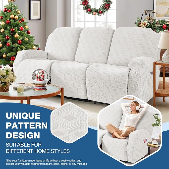 TAOCOCO Recliner Sofa Covers Stretch Reclining Couch Cover, Jacquard Recliner Couch Cover for 3 Seat Furniture Protector Sofa Slipcovers with Elastic Bottom for Kids, Pets (Cream White)