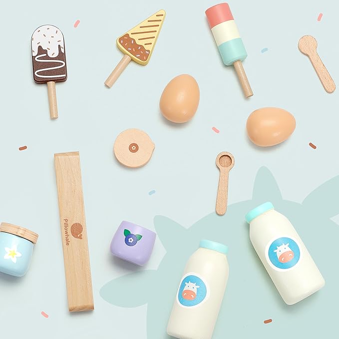 Pillowahle Wooden Play Food for Toddler 3+ Year Old, Kid Toy Food, Pretend Food with Milk Yogurt Egg Ice Cream Toy, Kids Play Kitchen Accessories, Gift for Boys Girls