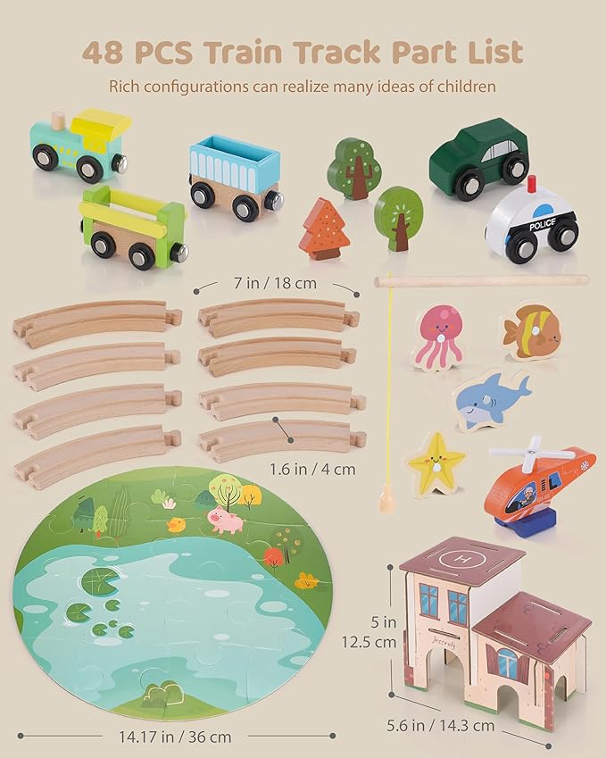 Wooden Train Track Set - 48-Piece Toy Train Tracks Compatible with Thomas, Brio, Melissa & Doug - Includes Fishing and Puzzles for Toddlers 3-8 - Educational for Fun Playtime