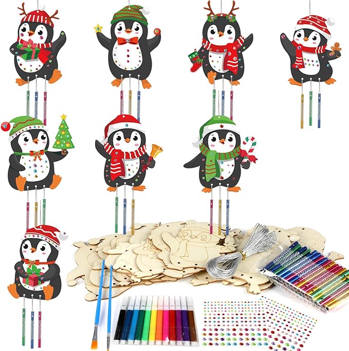 gisgfim 16 Pack Christmas Penguins Wind Chime Crafts Kits for Kids Make Your Own Penguin Wind Chime Wooden DIY Arts and Crafts for Christmas Party School Classroom Decorations Supplies Birthday Favors