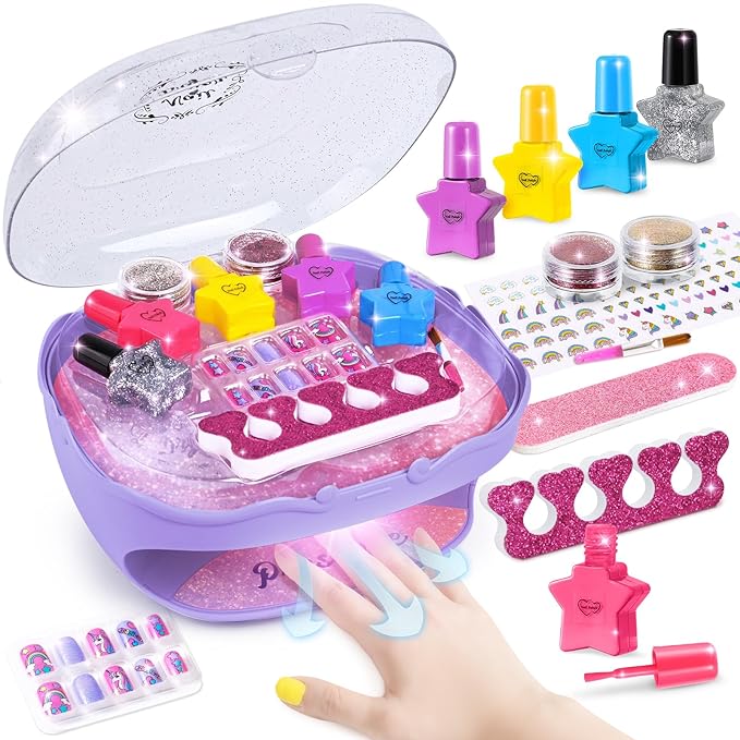 Shemira Nail Polish Kit for Girls Ages 7-12 Years Old, Nail Art Toy for Girls 5 6 7 8 9 10 11 12 Years Old, Nail Art Studio with Purple Nail Dryer for Girls, Christmas & Birthday Gifts for Girls