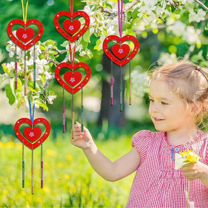 Fennoral 9 Pack Heart Wind Chime Kit for Kids Make You Own Red Heart Wind Chimes Valentine's Day Wooden Ornaments for Kids Art and Craft Valentine's Day Gifts Party Decoration