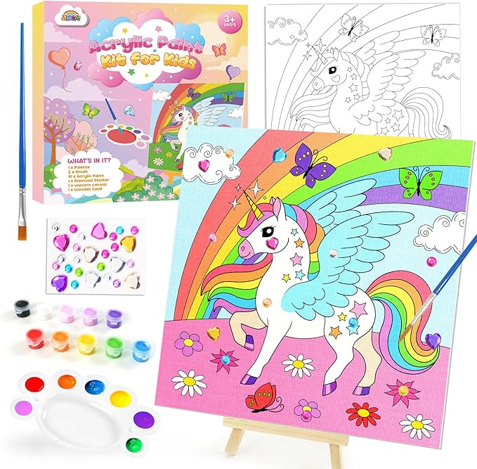 ZMLM Kids Pre Drawn Canvas for Painting, Acrylic Painting Kit for Kids ages 4-8, 10 x 10 Inch Unicorn Pre Drawn Canvas Panel with Diamond Sticker, Arts & Crafts for Kids Birthday Christmas Shcool Gift