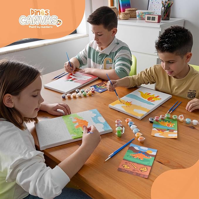 BONNYCO Paint by Numbers Kit for Kids Dinosaurs Pack 3 Canvas Paint by Number Canvas, Dinosaurs Gifts for Boys, Arts and Crafts, Kids Paint by Number Kits, Pre Drawn Canvas for Painting for Kids