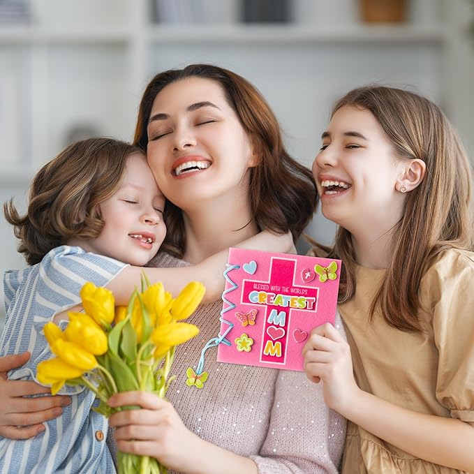 COcnny Mothers Day Crafts Kit - 16 Set Religious Mother’s Day Art Craft for Kids, DIY Diary Book Include 96pcs Pages, Make Your Own Cross Crafting for Mom Gift, Classroom Home Sunday School Activities