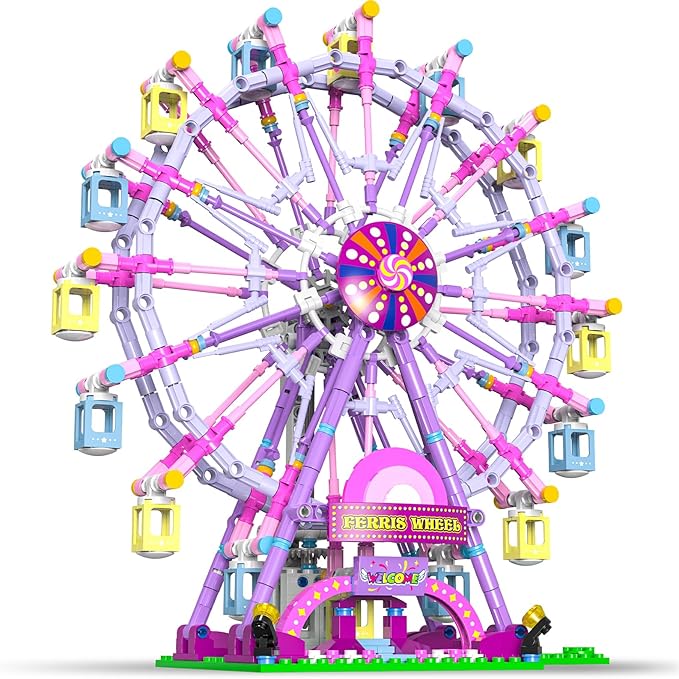 Ferris Wheel Building Block Set with Fairy Light, Two-Way Rotating Ferris Wheel Building Set 813 Pieces, Amusement Park Interlocking Blocks Toys for Ages 8-13, Gift Idea for Boys and Girls