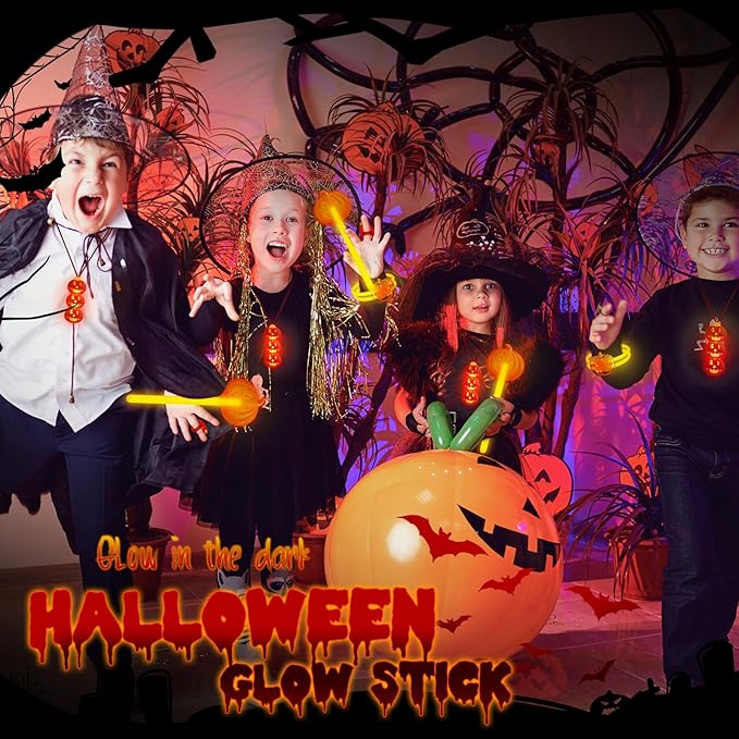 Lewtemi 64 Pcs Pumpkin Halloween Glow Sticks Set Include Bracelet Necklace Ring Wand Glow in the Dark Party Supplies Decorations Halloween Party Favors Goodie Bag Fillers Gifts for Kids Adults