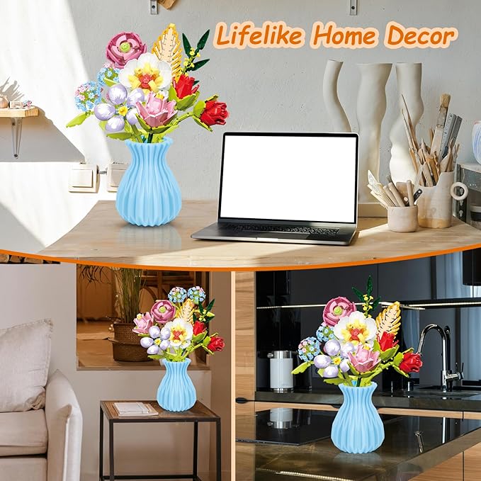Flowers Bouquet Building Set with Vase, 8 Kinds Artificial Flowers Bouquet Set for Adults, Women, Girls, Idea Gifts for Mother's Day, Birthdays, DIY Unique Decoration for Home Room, 691PCS