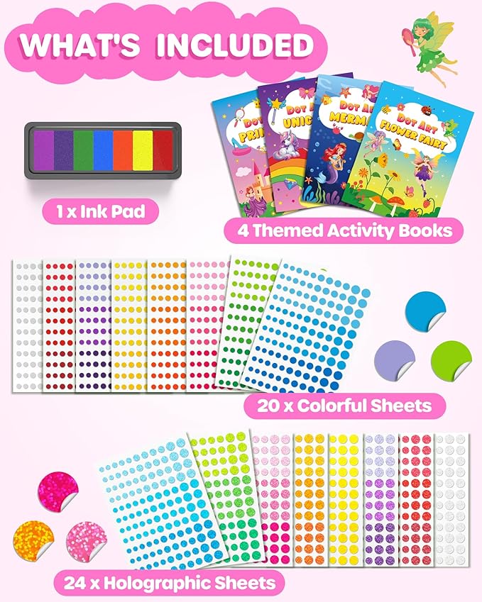 D-FantiX Dot Art Sticker Book Kits with Ink Pad, Mess-Free Finger Painting for Toddlers, Unicorn, Princess, Mermaid, Flower Fairy Arts and Crafts, Kids Travel Activities, Girls Easter Basket Stuffers