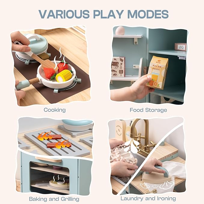 ROBUD Kids Corner Kitchen Playset, Wooden Play Kitchen Set with Realistic Sound, Ice Maker, Fridge, Oven, Washing Machine, Pretend Play Toy Kitchen Set, Gift for Boys Girls, Blue