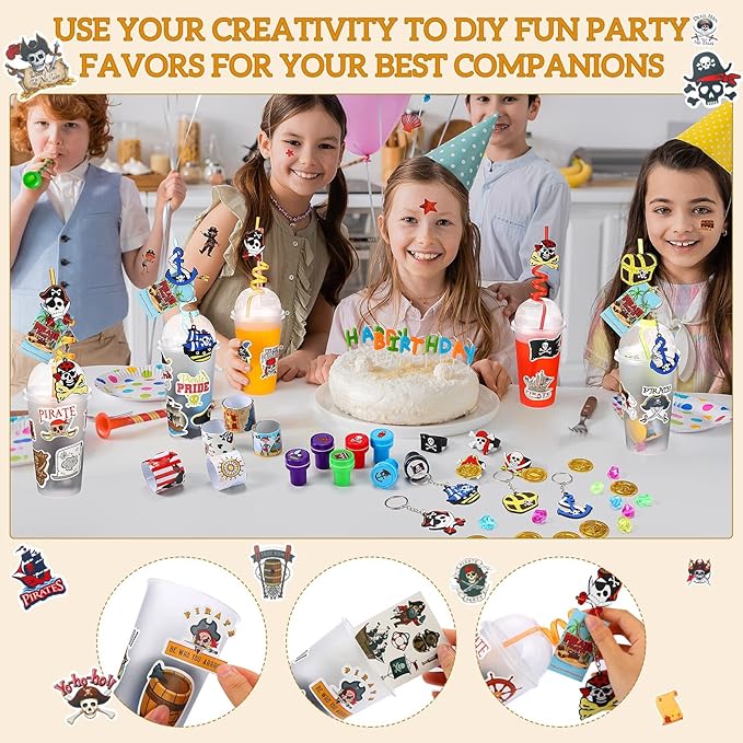 Spakon 327 Pcs Pirate Party Favors Supplies Halloween Party Include Pirate Pendants Bracelets Cup Straw Keychains Rings Eye Masks Mustache Tattoo Stickers Gold Coins Cards for Birthday Party