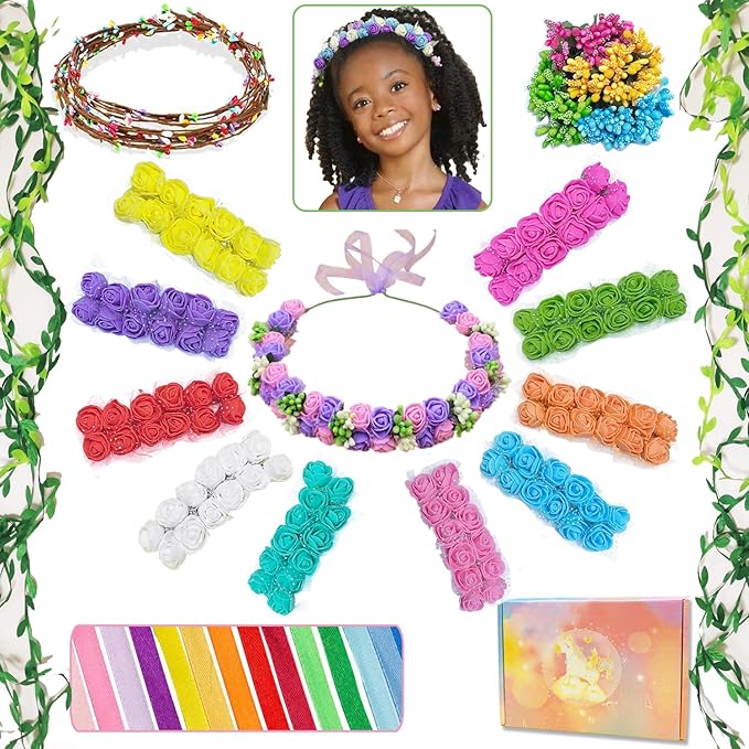 WUBOMJIO DIY Flower Crown Crafting Kit(Rose Theme), Make Your Own 12PC Floral Crown Garland Kit, Presents for Kids Ages 6 7 8 9 10 Years Old and Up
