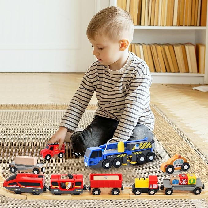 Electric Train Set Toys Wooden Magnetic Cars - Locomotive Auto Reverse/Park/Sound/Light, Gift for 3 4 5 6 Year Old Toddlers Kids Boys Truck Trains Toy, Compatible with Common Wooden Train Tracks