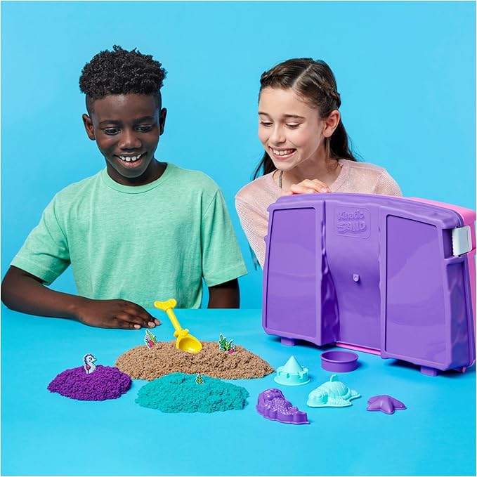Kinetic Sand, Mermaid Palace Playset with 2.06lbs Play Sand (Neon Purple, Shimmer Teal & Beach), Tools & Folding Sandbox, Sensory Toys for Kids