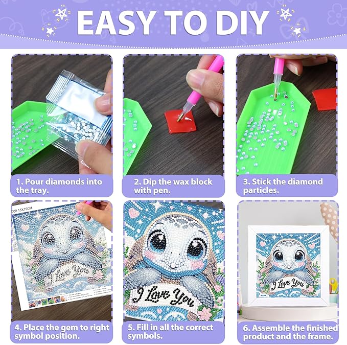 hkejoi Turtle Diamond Art Painting Kits for Kids with Frame, Cartoon Diamond Art for Kids Ages 4-6-8-12, Easy Kids Gem Art Kit with Cartoon Box for Home Wall Decor 7x7inch