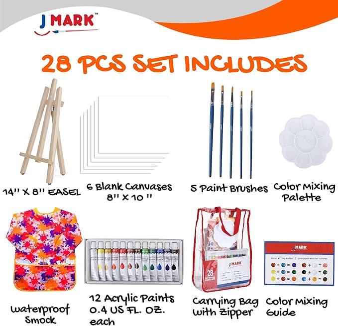 J MARK Ultimate Kids Paint Set – Complete Acrylic Paint Set for Kids, Includes Washable Paints, Storage Bag, Wood Easel, Canvas and More