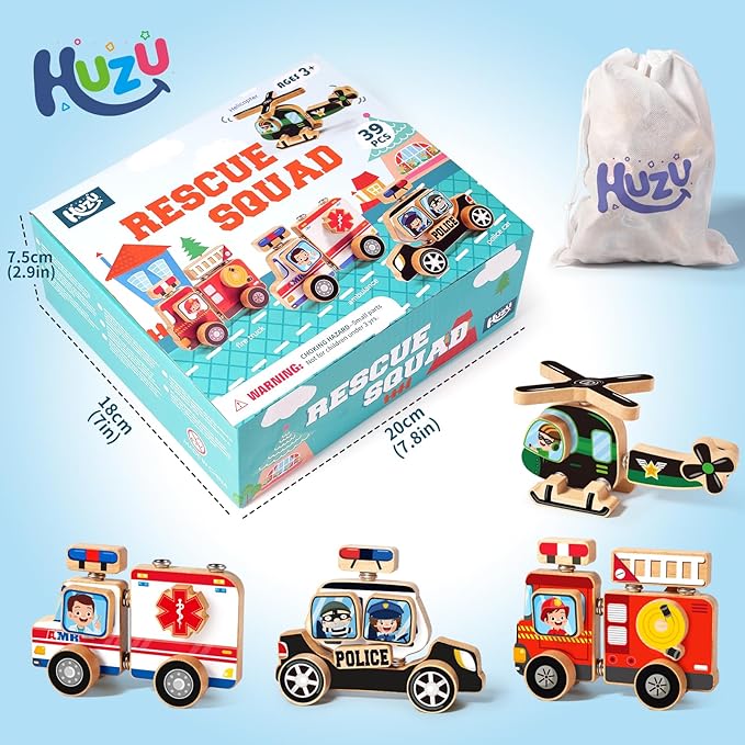 HUZU Emergency Vehicles 3D Puzzle Toy, Rescue Squad Wooden Snap Button Connection Building Blocks for Kids 3-8, Fire Truck Ambulance Police Car Helicopter Montessori Gifts for Preschool Children