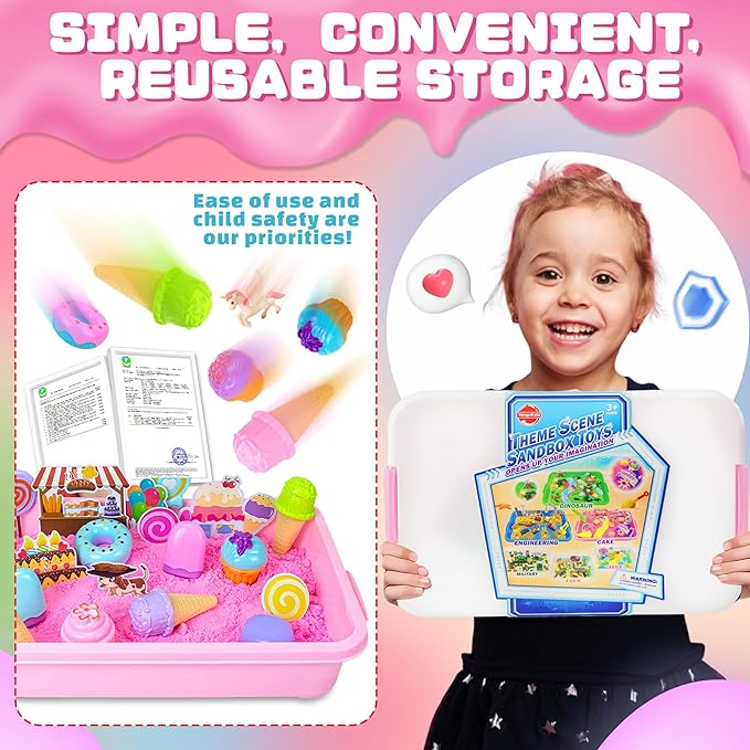 Play Sand Kit - Ice Cream Sensory Bin Toy for Kids with 2.2lb Magic Sands, Ice Cream Molds and Cleaning Tools, Unicorn Tactile Toys for Kids 3-8