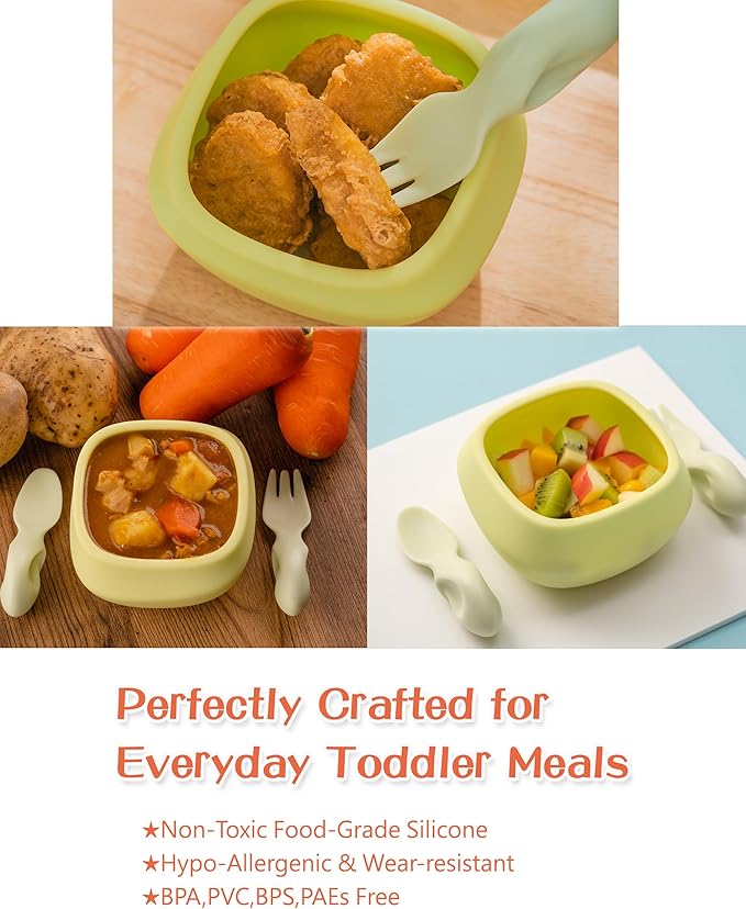 Toddler Utensils Set Ergonomic Fork and Spoon and Bowl Set Non-Slip Design for baby 12+ Month Self-Feeding Olds BPA Free Silicone Microwave and Dishwasher Safe Fine Motor Skills (Green)
