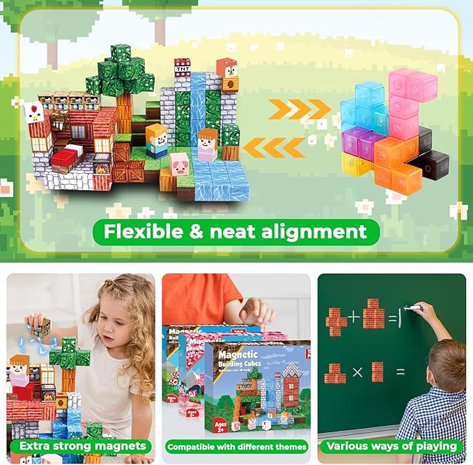 Magnetic Blocks-150PCS Grassland Magnetic Building Blocks Set, Kids Classroom Sensory Toy for Toddlers STEM Learning, Construction Stacking Toy for Kids 3+ Boys and Girls Christmas Birthday Gifts Toys