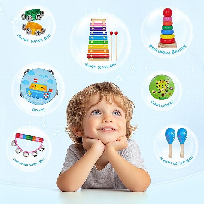 Kids Musical Instruments for Toddlers,Baby Musical Toys for Toddlers,Christmas Kids Gifts,First Birthday Gifts for Boys Girls,Kids Xylophone,Maracas for Baby,Wooden Instruments Toddler Toys with Bag