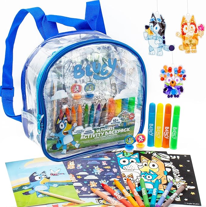 Bluey Ultimate Activity Backpack, 10+ Activities, Includes Backpack with 4 Sticker Suncatchers with 4 Suction Cups, 4 Surprise Scratch Arts, 2 Velv-its Posters, 1 Coloring Roll, 4 Markers, Kid Gifts